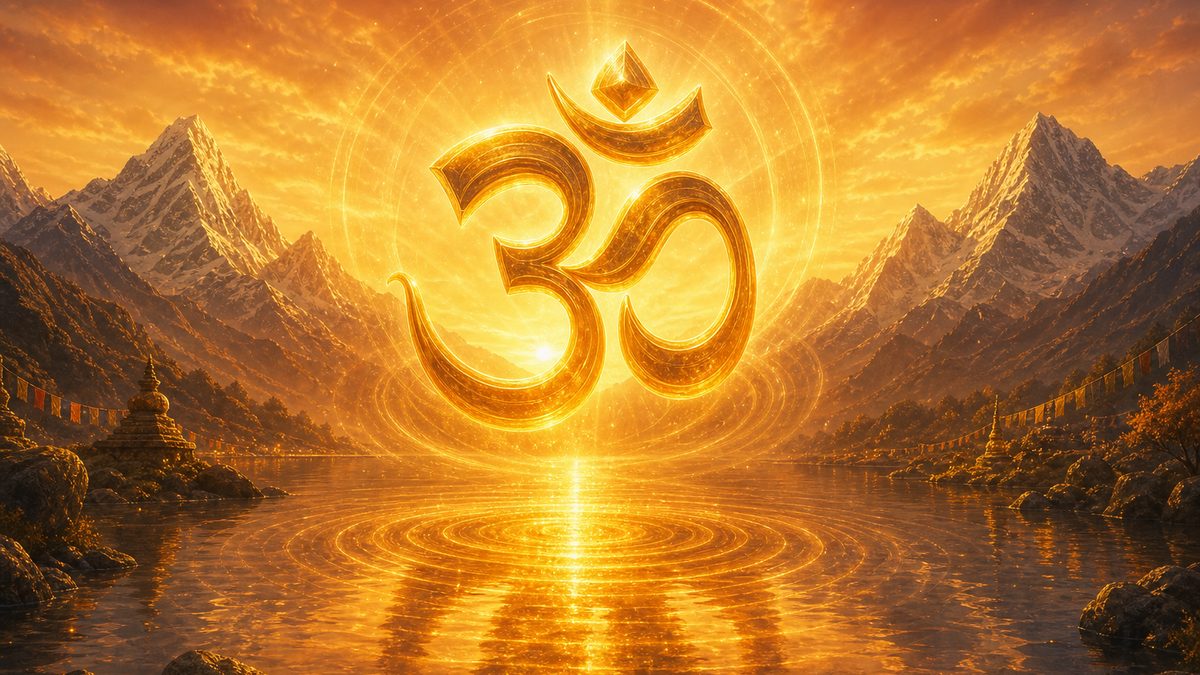 Manisha Panchakam banner — devotional illustration of the sacred syllable Om (ॐ) as a radiant golden form floating over a serene Himalayan lake at dawn, ripples of light, cosmic and utterly peaceful — abstract, no deity figure.