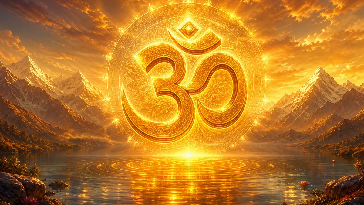 Mantrapushpam banner — devotional illustration of the sacred syllable Om (ॐ) as a radiant golden form floating over a serene Himalayan lake at dawn, ripples of light, cosmic and utterly peaceful — abstract, no deity figure.