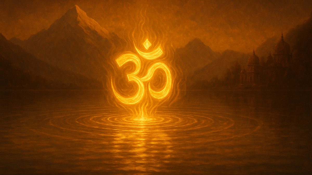 Manyu Suktam banner — devotional illustration of the sacred syllable Om (ॐ) as a radiant golden form floating over a serene Himalayan lake at dawn, ripples of light, cosmic and utterly peaceful — abstract, no deity figure.