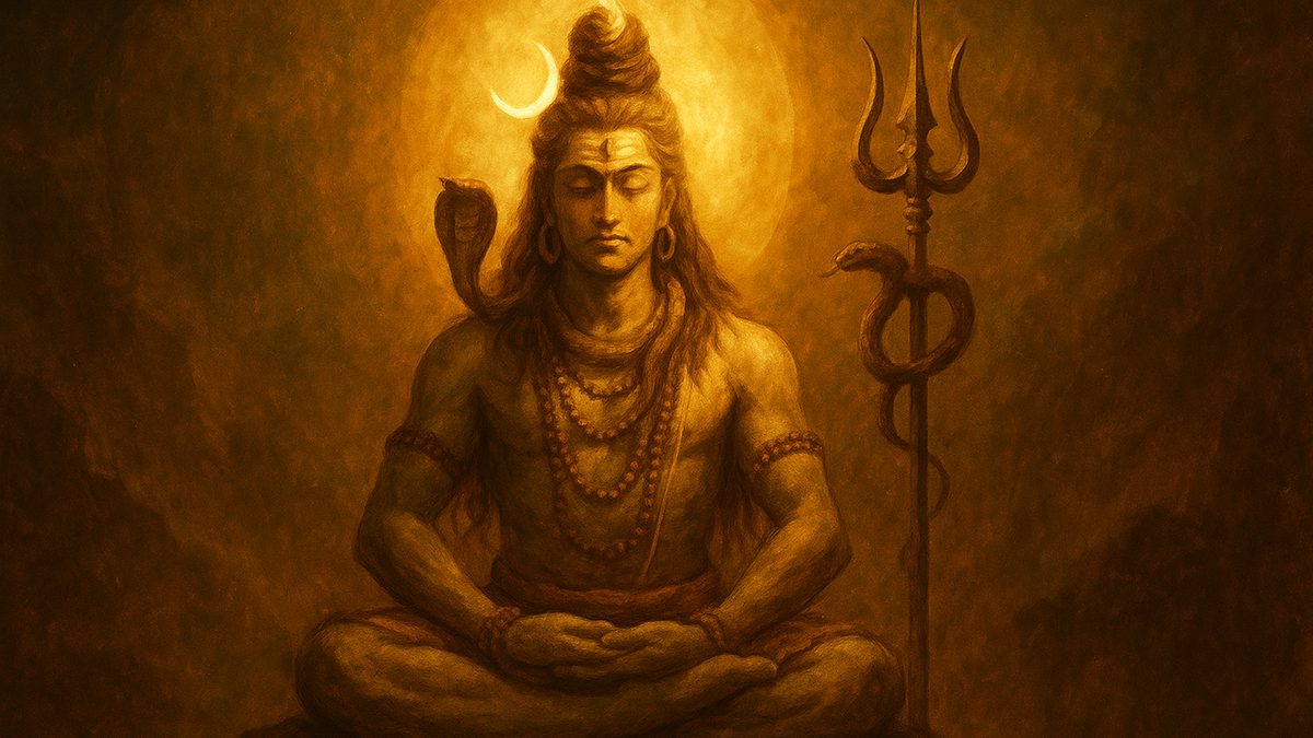 Margabandhu Stotram banner — devotional illustration of Lord Shiva in deep meditation on a mountain, crescent moon and Ganga in his hair, trident and serpent.