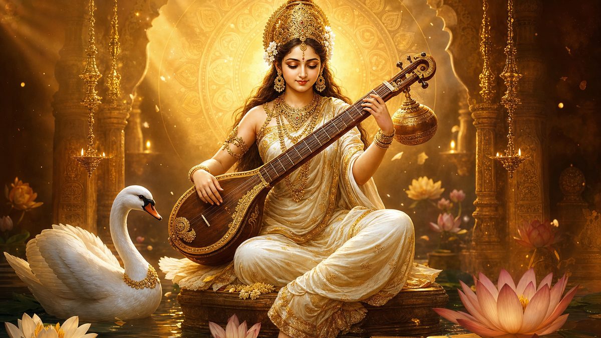 Medha Suktam banner — devotional illustration of the Goddess Saraswati in a white sari playing the veena, a swan and lotus beside her.