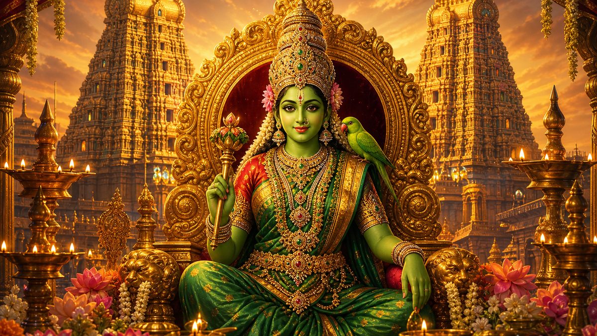 Minakshi Pancharatnam banner — devotional illustration of Goddess Parvati (Meenakshi) enthroned in regal splendor, emerald-hued gentle queen with a parrot perched near her shoulder, crowned with tall jeweled kirita, Madurai temple gopurams glowing behind her.
