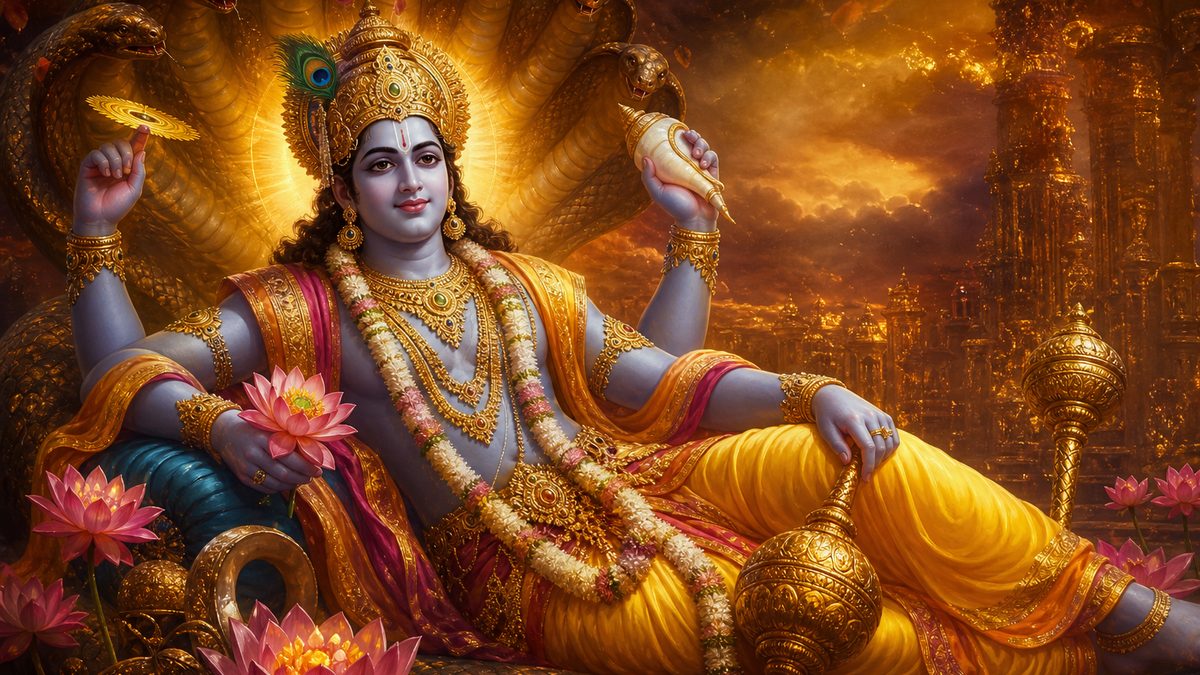 Mukunda Mala banner — devotional illustration of the four-armed Lord Vishnu holding conch, discus, mace and lotus, reclining calm and majestic.