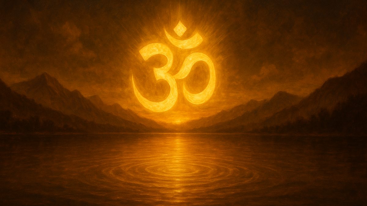 Mundaka Upanishad banner — devotional illustration of the sacred syllable Om (ॐ) as a radiant golden form floating over a serene Himalayan lake at dawn, ripples of light, cosmic and utterly peaceful — abstract, no deity figure.