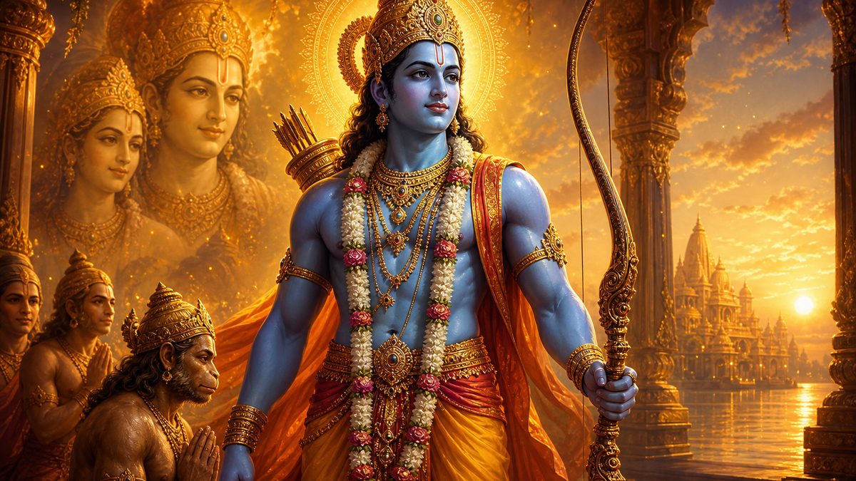 Nama Ramayanam banner — devotional illustration of Lord Rama, blue-skinned and regal, holding his bow, a serene royal presence.