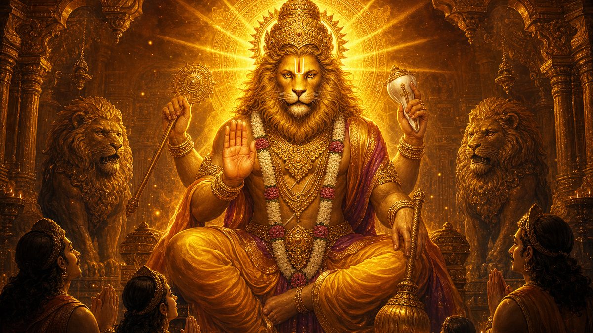 Narasimha Kavacham banner — devotional illustration of Lord Narasimha, the divine lion-headed avatar, radiant and powerful yet benevolent.