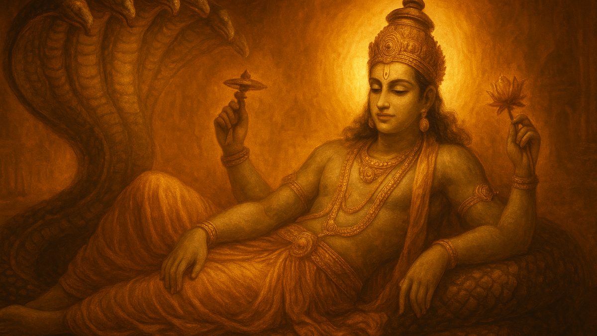 Narayana Kavacham banner — devotional illustration of the four-armed Lord Vishnu holding conch, discus, mace and lotus, reclining calm and majestic.
