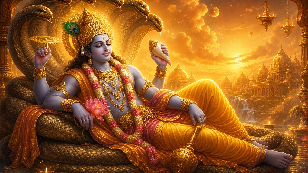 Narayana Suktam banner — devotional illustration of the four-armed Lord Vishnu holding conch, discus, mace and lotus, reclining calm and majestic.