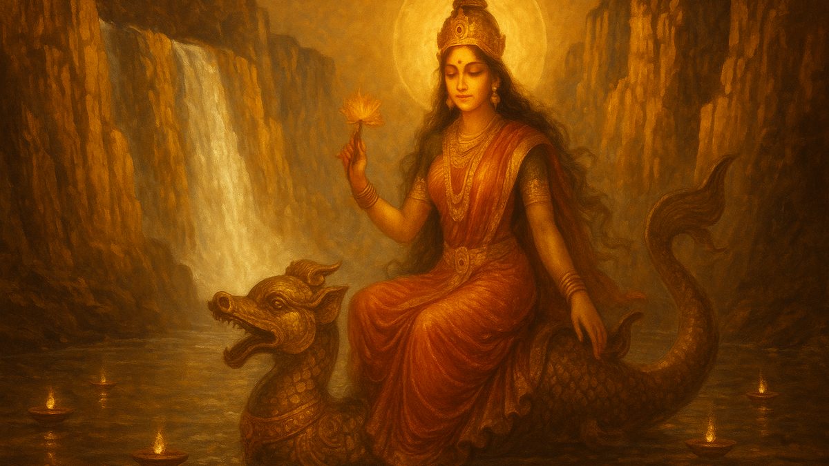 Narmadashtakam banner — devotional illustration of the river goddess Narmada descending in silver cascades between towering white marble cliffs at Bhedaghat, luminous devi upon a makara, evening diyas floating on the sacred stream.