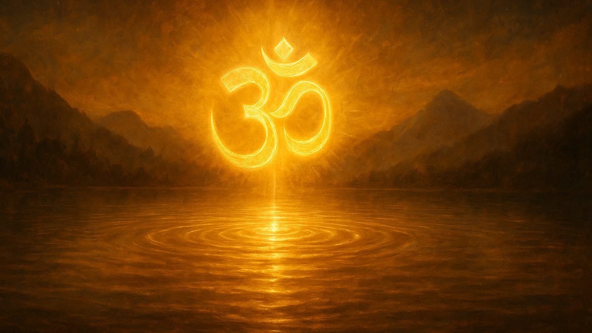 Nasadiya Suktam banner — devotional illustration of the sacred syllable Om (ॐ) as a radiant golden form floating over a serene Himalayan lake at dawn, ripples of light, cosmic and utterly peaceful — abstract, no deity figure.