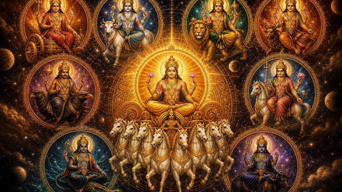 Navagraha Stotram banner — devotional illustration of the nine celestial Navagraha planetary deities arranged in a cosmic mandala among stars.