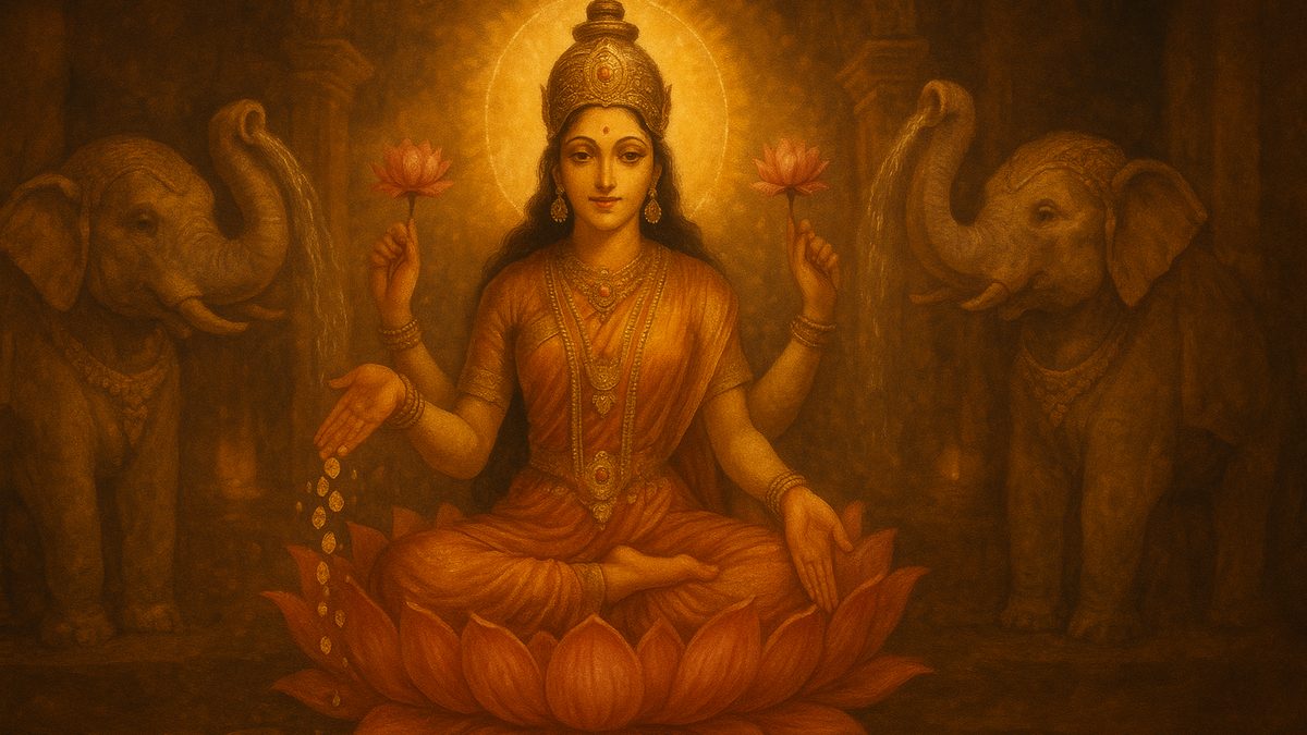 Nila Suktam banner — devotional illustration of the Goddess Lakshmi seated on a pink lotus, gold coins flowing from her hand, flanked by elephants.