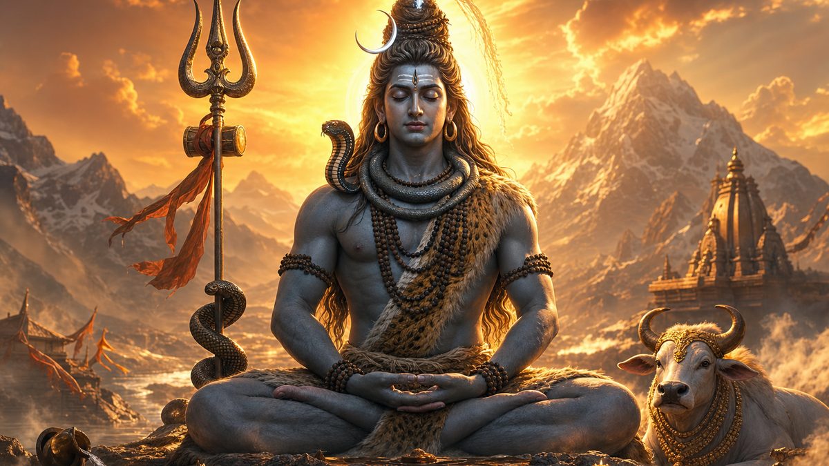 Nirvana Shatakam banner — devotional illustration of Lord Shiva in deep meditation on a mountain, crescent moon and Ganga in his hair, trident and serpent.