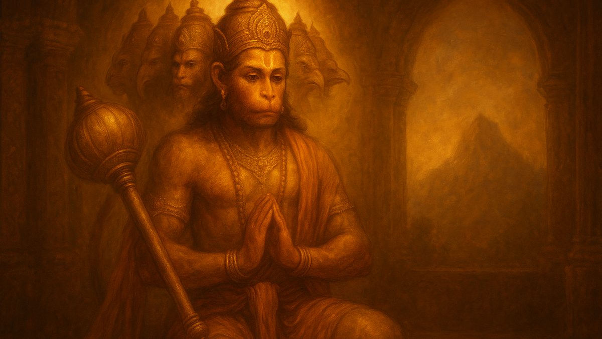 Panchamukha Hanumat Kavacham banner — devotional illustration of the devoted Lord Hanuman, strong and reverent, holding his mace, mountain in the distance.