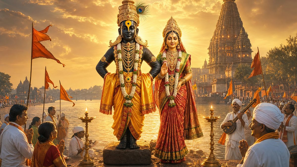 Pandurangashtakam banner — devotional illustration of Lord Vitthala (Panduranga) of Pandharpur standing upon a brick with hands on hips, dark handsome form in yellow pitambara with tulasi garland, Rakhumai beside him, warkari devotees with flags on the Chandrabhaga riverbank.