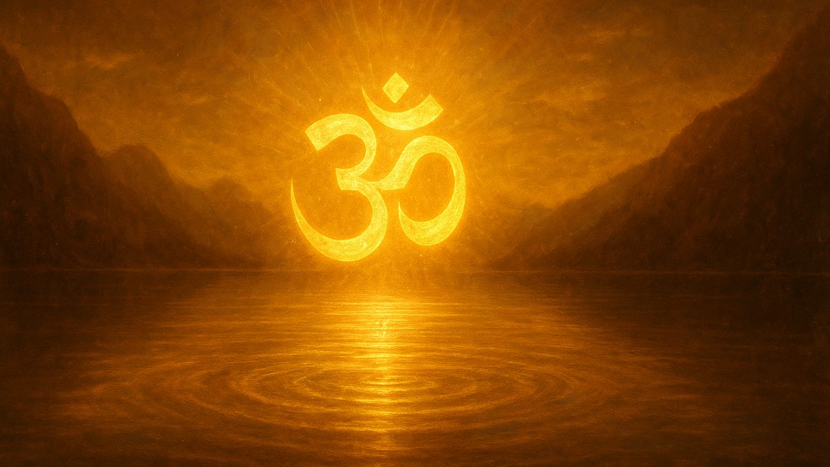 Pavamana Suktam banner — devotional illustration of the sacred syllable Om (ॐ) as a radiant golden form floating over a serene Himalayan lake at dawn, ripples of light, cosmic and utterly peaceful — abstract, no deity figure.