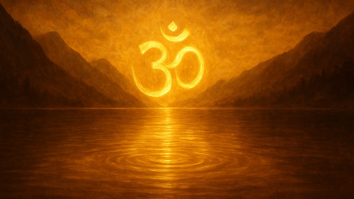 Pratah Smaranam banner — devotional illustration of the sacred syllable Om (ॐ) as a radiant golden form floating over a serene Himalayan lake at dawn, ripples of light, cosmic and utterly peaceful — abstract, no deity figure.