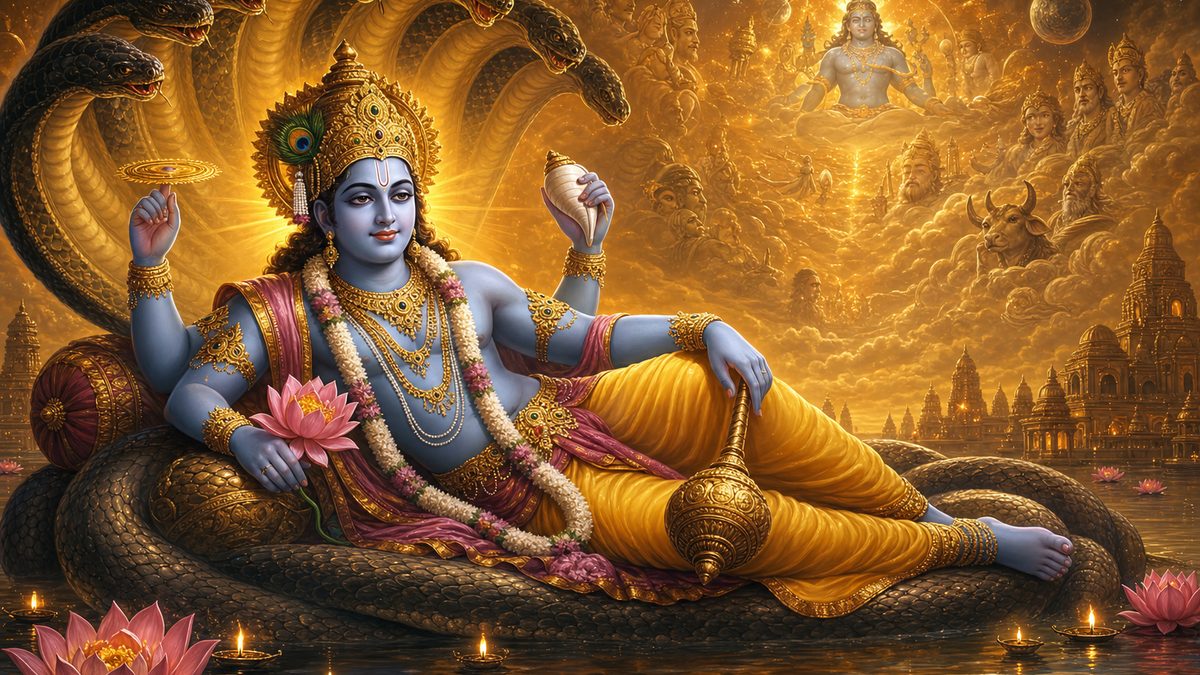 Purusha Suktam banner — devotional illustration of the four-armed Lord Vishnu holding conch, discus, mace and lotus, reclining calm and majestic.