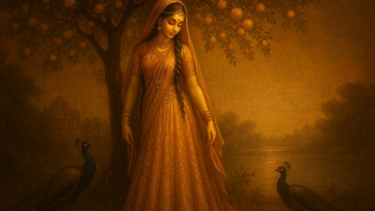 Radha Kripa Kataksha Stotram banner — devotional illustration of Shri Radha, golden-hued in a shimmering lehenga, standing beneath a flowering kadamba tree at Vrindavan, lotus eyes lowered in loving devotion, peacocks and the Yamuna glinting behind her.