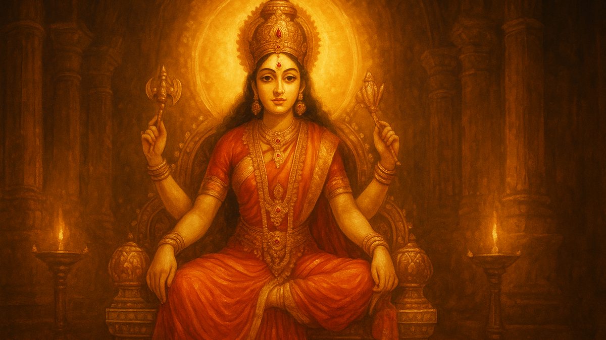 Rajarajeshwari Ashtakam banner — devotional illustration of the resplendent Goddess Lalita Tripurasundari seated on a jeweled throne, luminous crimson and gold.