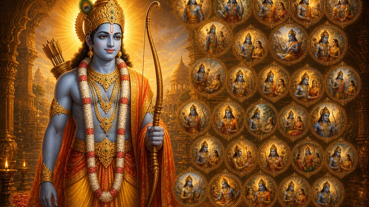 Rama Ashtottara Shatanamavali banner — devotional illustration of Lord Rama, blue-skinned and regal, holding his bow, a serene royal presence.