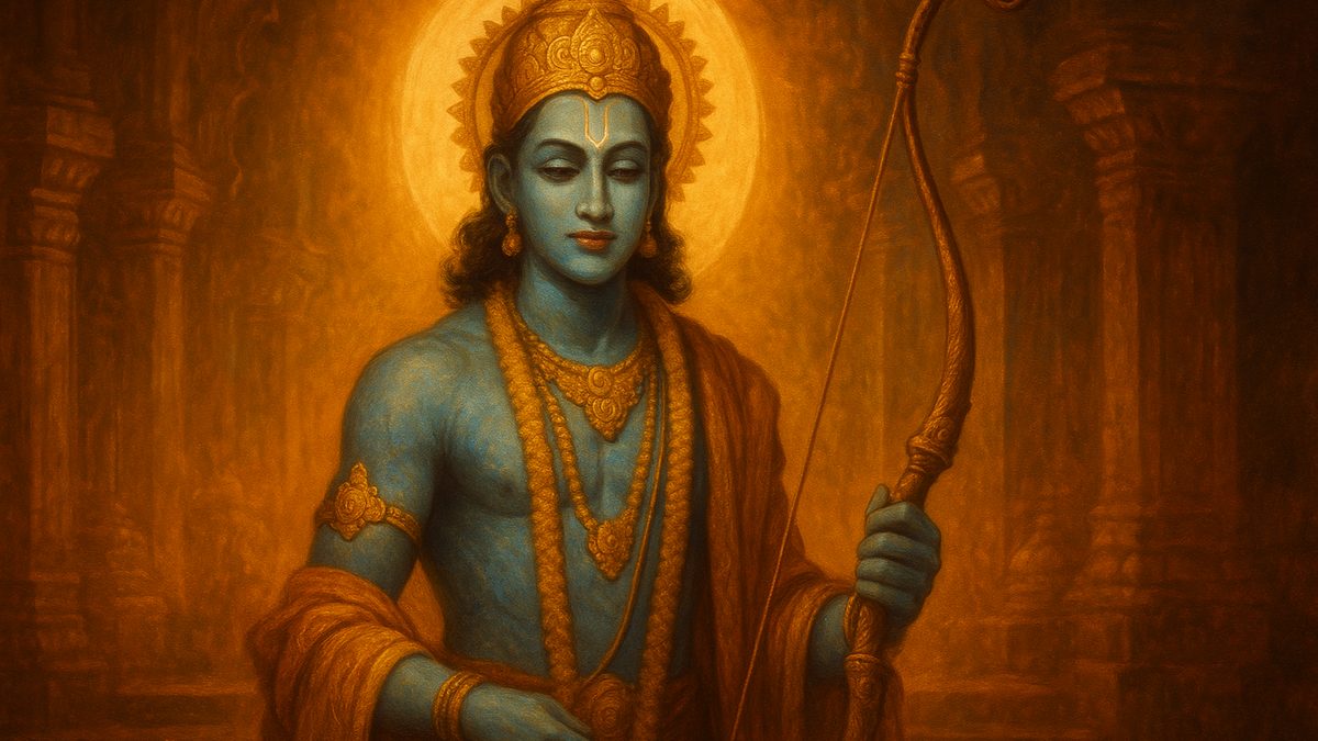 Rama Bhujangam banner — devotional illustration of Lord Rama, blue-skinned and regal, holding his bow, a serene royal presence.