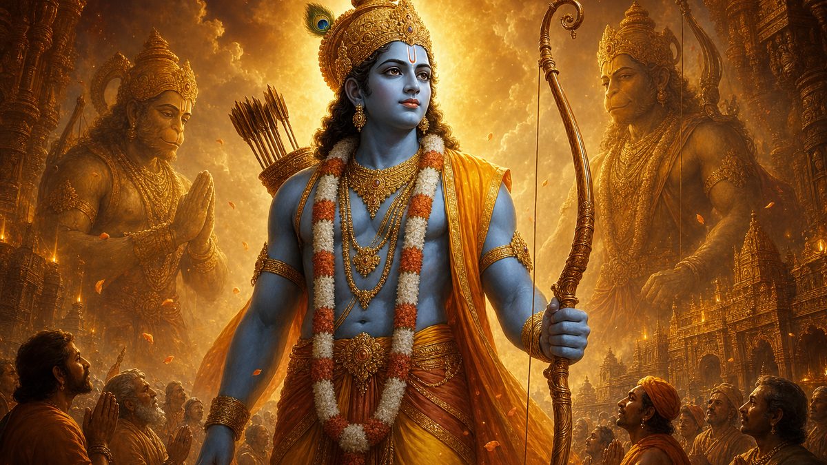 Rama Raksha Stotra banner — devotional illustration of Lord Rama, blue-skinned and regal, holding his bow, a serene royal presence.