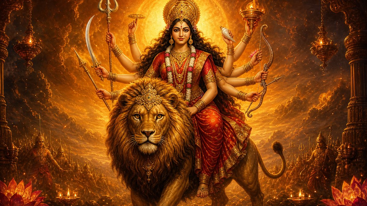 Ratri Suktam banner — devotional illustration of the Goddess Durga riding a lion, many arms bearing divine weapons, fierce yet compassionate.