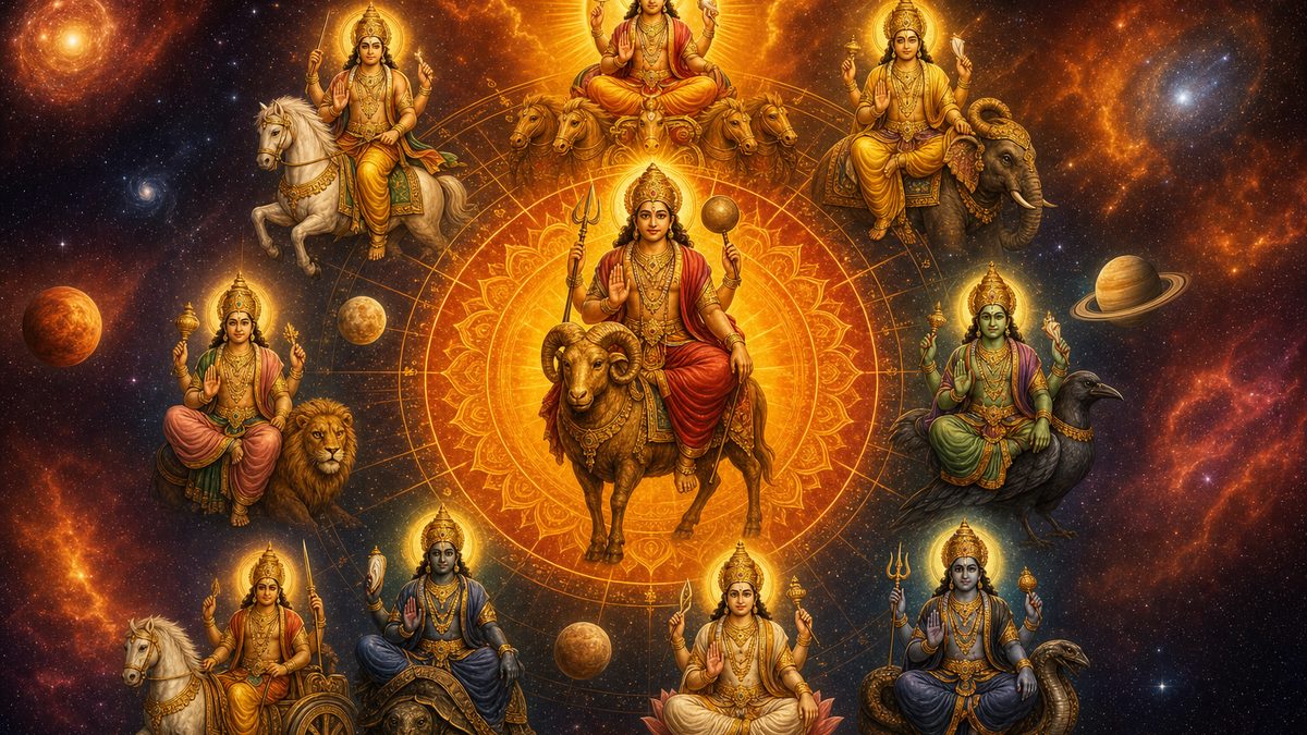 Runa Vimochana Angaraka Stotram banner — devotional illustration of the nine celestial Navagraha planetary deities arranged in a cosmic mandala among stars.