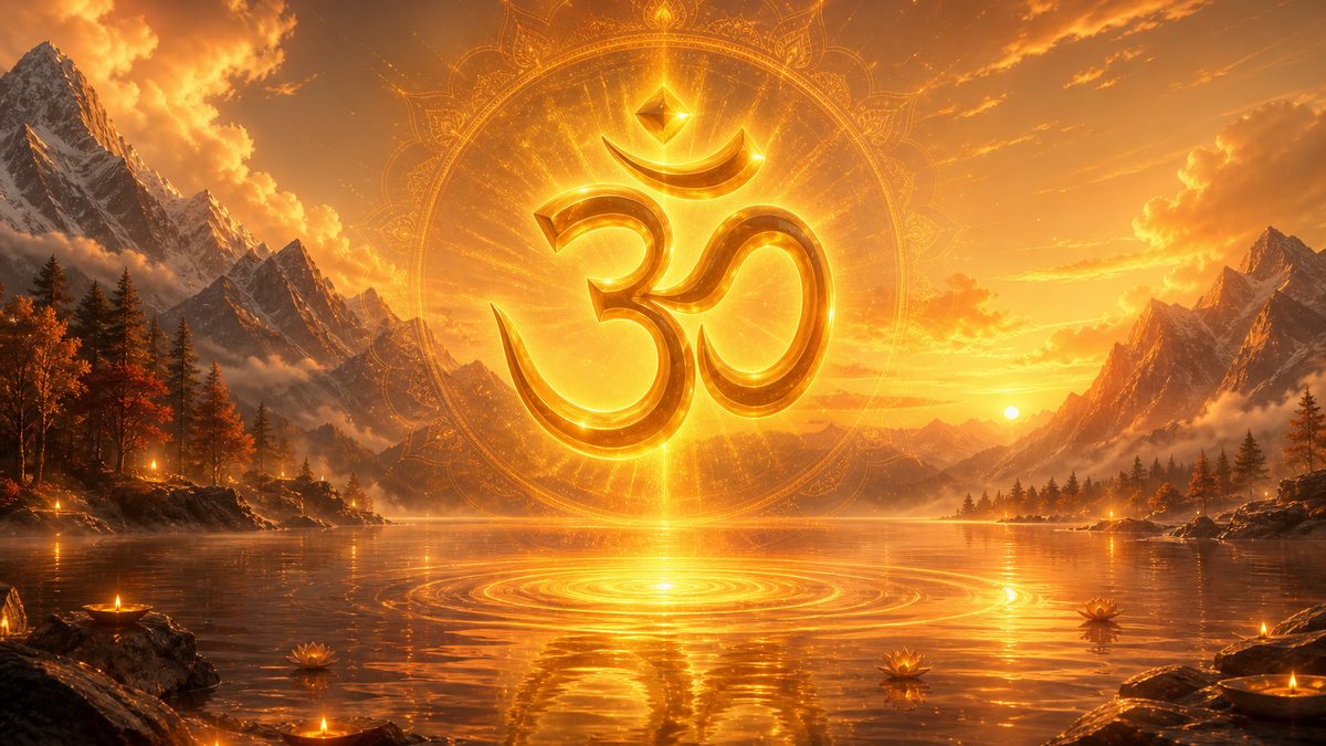 Sadhana Panchakam banner — devotional illustration of the sacred syllable Om (ॐ) as a radiant golden form floating over a serene Himalayan lake at dawn, ripples of light, cosmic and utterly peaceful — abstract, no deity figure.