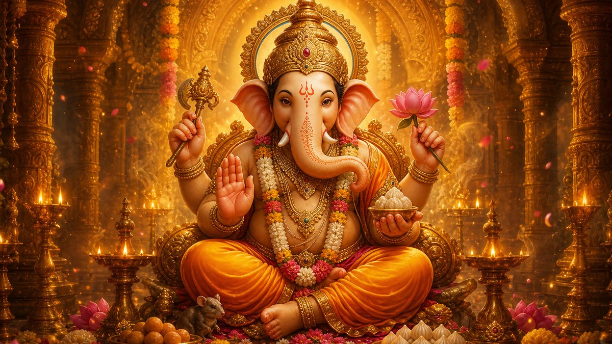 Sankata Nashana Ganesha Stotram banner — devotional illustration of the elephant-headed Lord Ganesha seated serenely, holding a modaka and lotus, adorned with garlands.