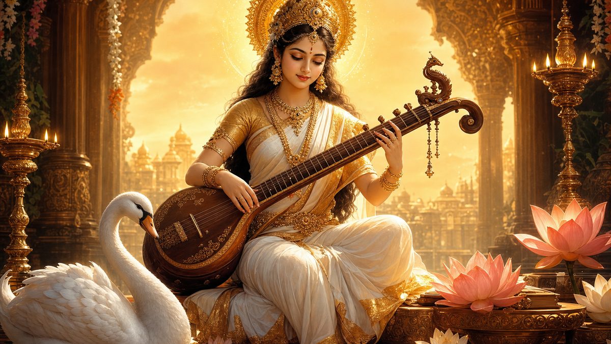 Saraswati Ashtottara Shatanamavali banner — devotional illustration of the Goddess Saraswati in a white sari playing the veena, a swan and lotus beside her.