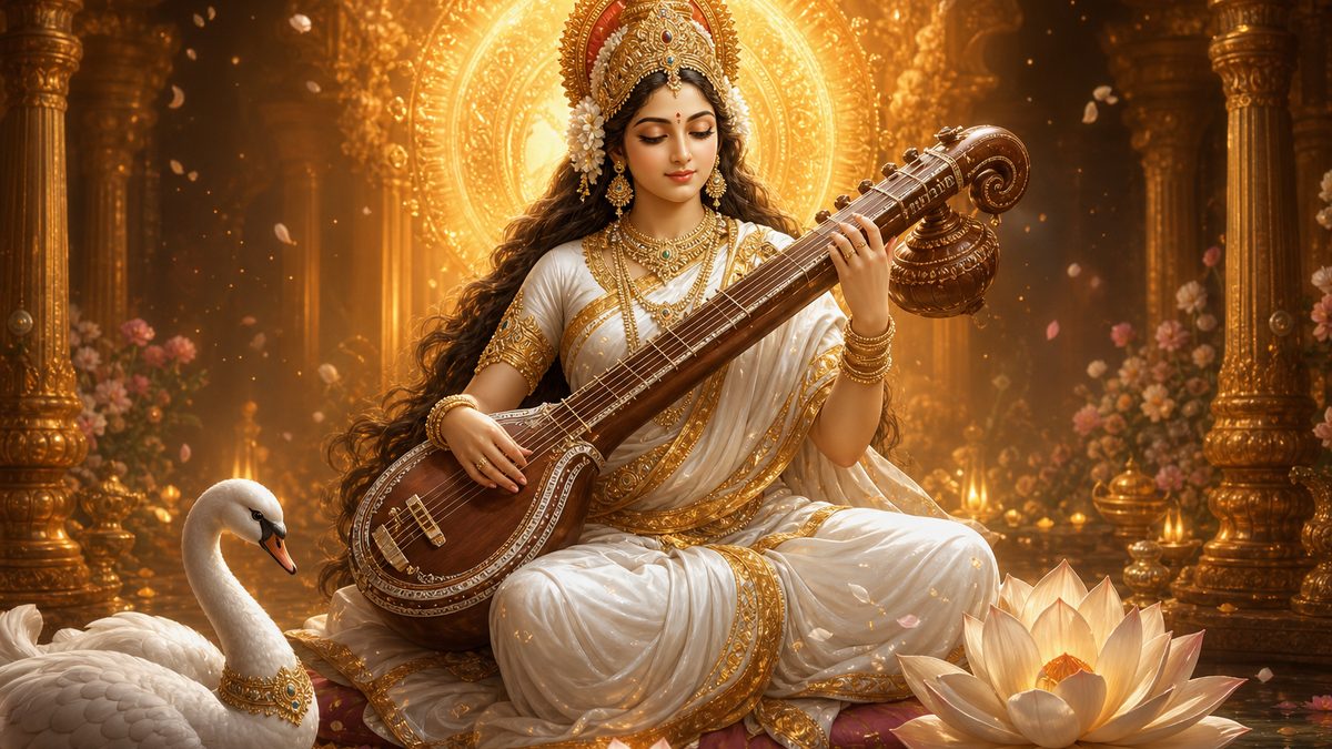 Saraswati Bhujanga Prayata Stotram banner — devotional illustration of the Goddess Saraswati in a white sari playing the veena, a swan and lotus beside her.