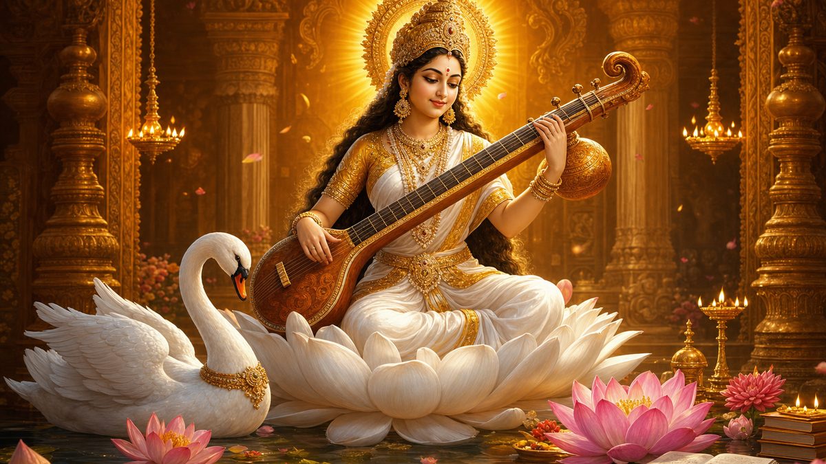 Saraswati Stuti banner — devotional illustration of the Goddess Saraswati in a white sari playing the veena, a swan and lotus beside her.