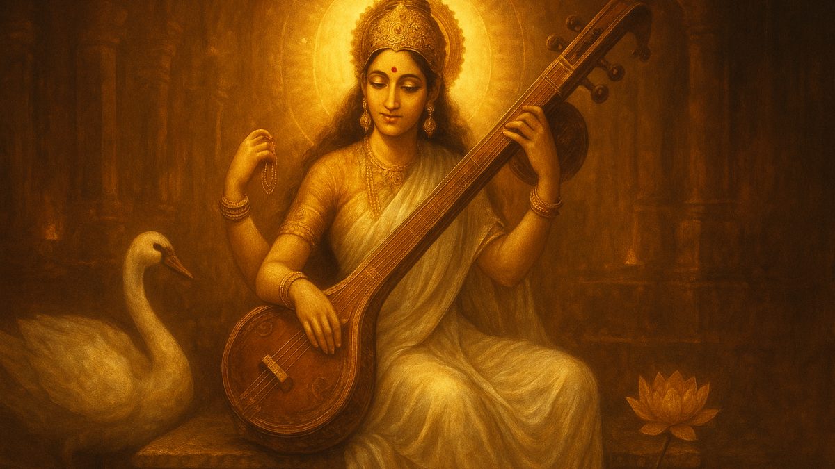 Saraswati Suktam banner — devotional illustration of the Goddess Saraswati in a white sari playing the veena, a swan and lotus beside her.