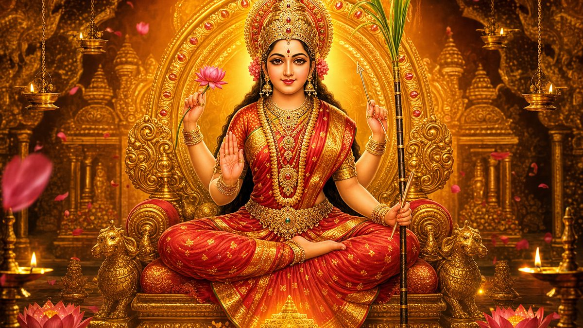 Saundarya Lahari banner — devotional illustration of the resplendent Goddess Lalita Tripurasundari seated on a jeweled throne, luminous crimson and gold.