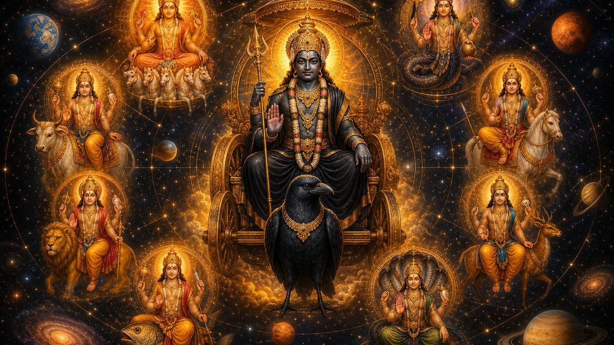 Shani Stotram banner — devotional illustration of the nine celestial Navagraha planetary deities arranged in a cosmic mandala among stars.