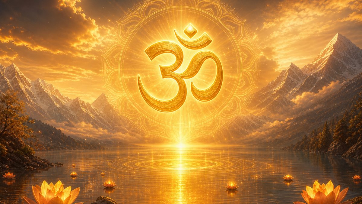 Shanti Mantras banner — devotional illustration of the sacred syllable Om (ॐ) as a radiant golden form floating over a serene Himalayan lake at dawn, ripples of light, cosmic and utterly peaceful — abstract, no deity figure.