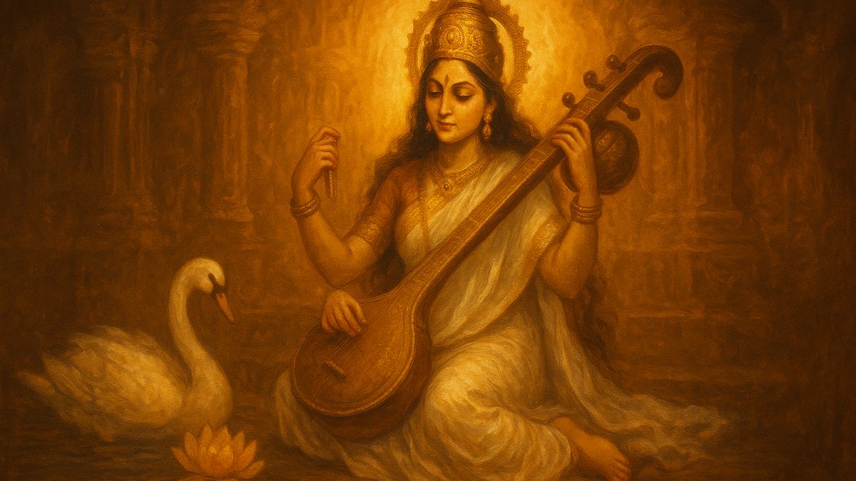 Sharada Bhujangam banner — devotional illustration of the Goddess Saraswati in a white sari playing the veena, a swan and lotus beside her.