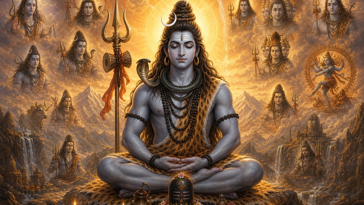 Shiva Ashtottara Shatanamavali banner — devotional illustration of Lord Shiva in deep meditation on a mountain, crescent moon and Ganga in his hair, trident and serpent.