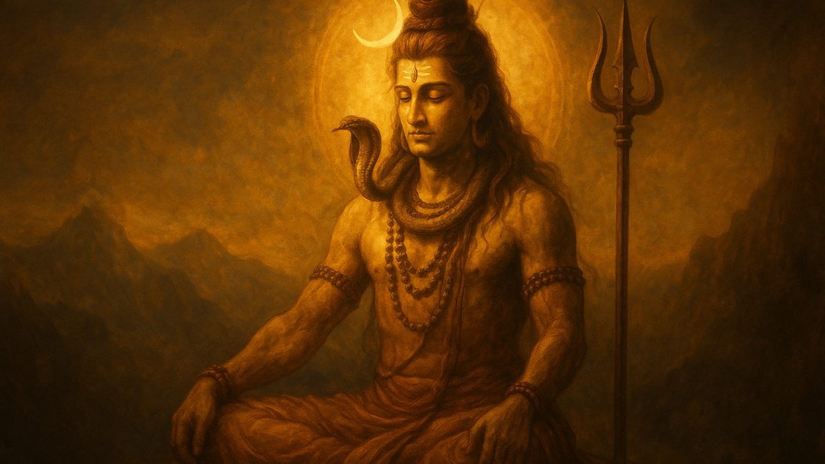 Shiva Bhujangam banner — devotional illustration of Lord Shiva in deep meditation on a mountain, crescent moon and Ganga in his hair, trident and serpent.