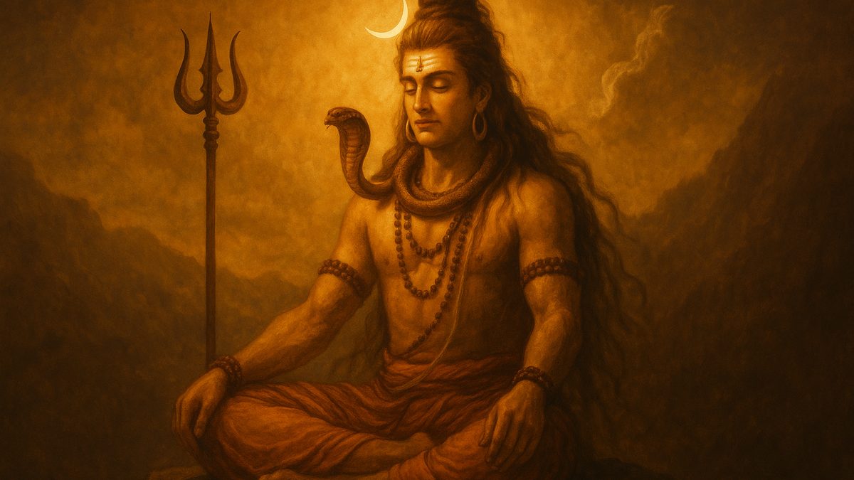 Shiva Kavacham banner — devotional illustration of Lord Shiva in deep meditation on a mountain, crescent moon and Ganga in his hair, trident and serpent.