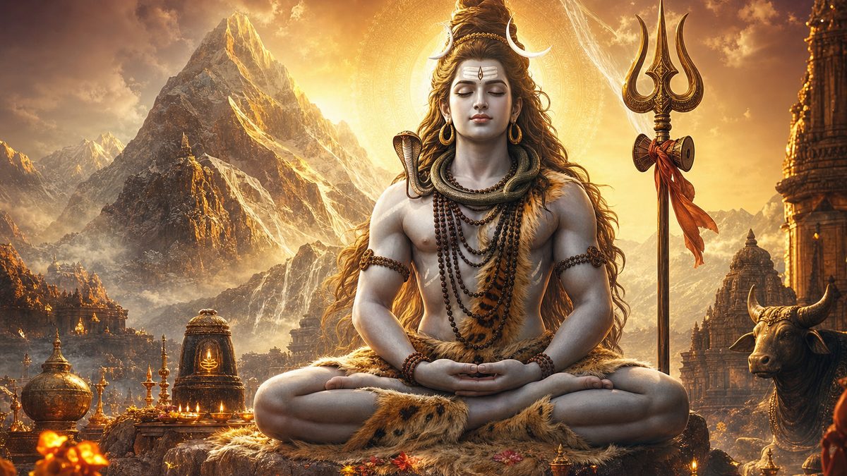 Shiva Mahimna Stotra banner — devotional illustration of Lord Shiva in deep meditation on a mountain, crescent moon and Ganga in his hair, trident and serpent.