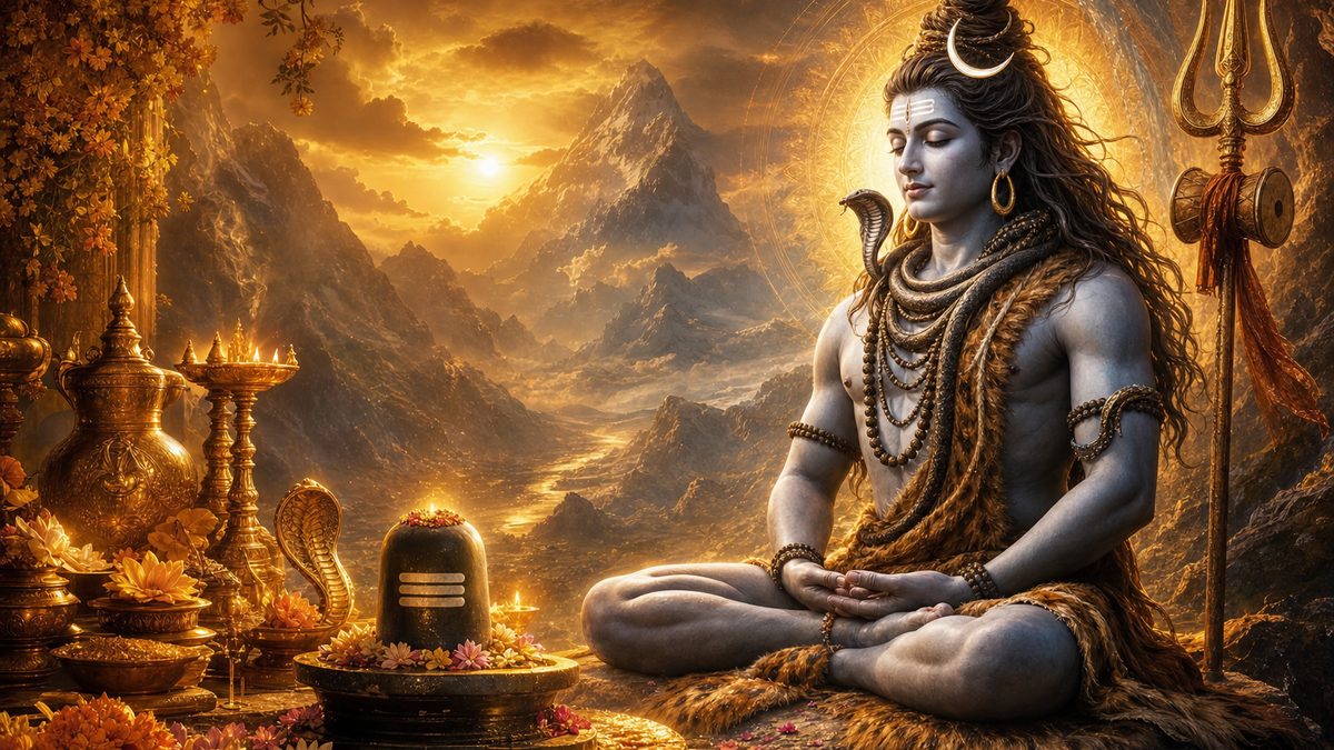 Shiva Manasa Puja banner — devotional illustration of Lord Shiva in deep meditation on a mountain, crescent moon and Ganga in his hair, trident and serpent.