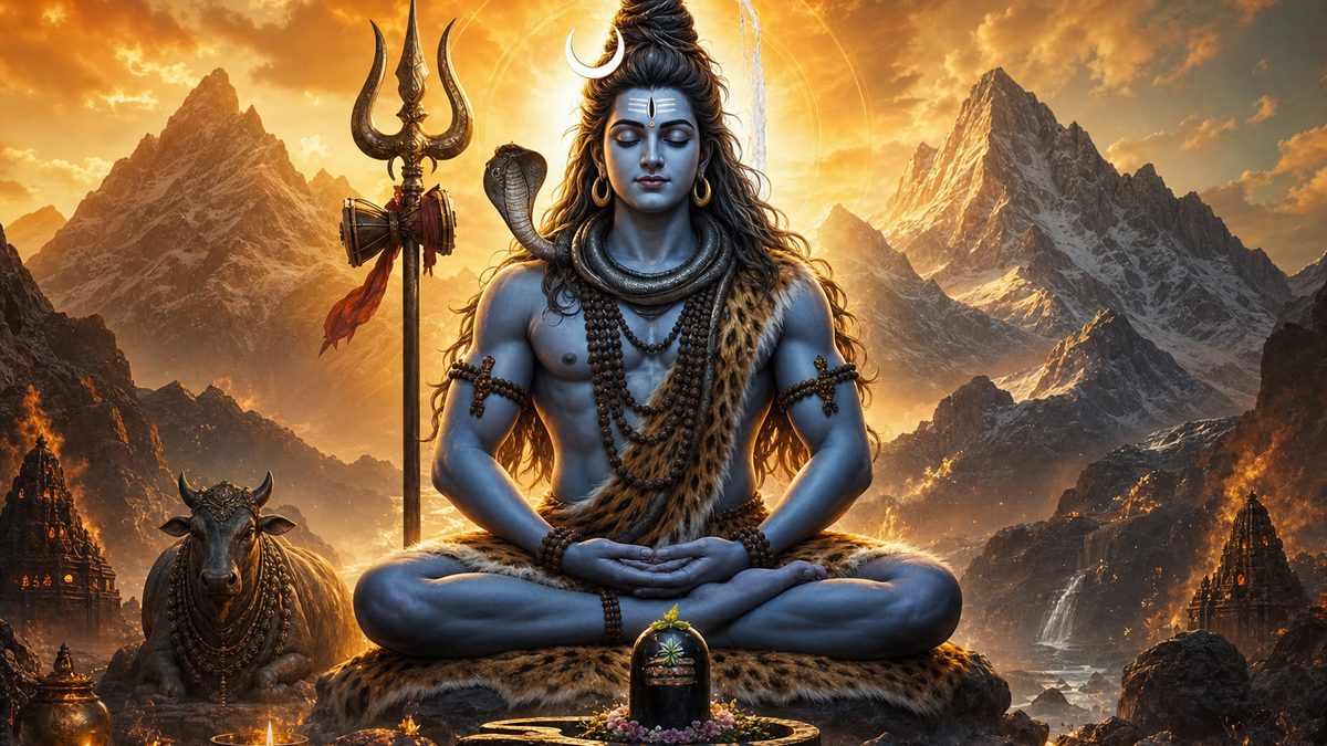 Shiva Panchakshara Stotra banner — devotional illustration of Lord Shiva in deep meditation on a mountain, crescent moon and Ganga in his hair, trident and serpent.