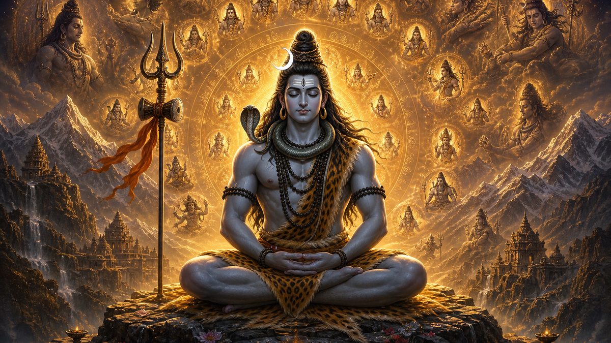 Shiva Sahasranama banner — devotional illustration of Lord Shiva in deep meditation on a mountain, crescent moon and Ganga in his hair, trident and serpent.