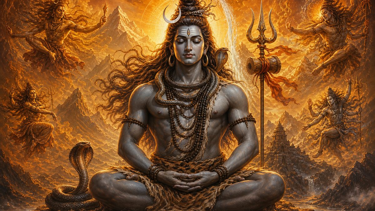 Shiva Tandava Stotram banner — devotional illustration of Lord Shiva in deep meditation on a mountain, crescent moon and Ganga in his hair, trident and serpent.
