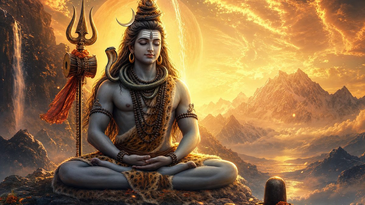 Shivananda Lahari banner — devotional illustration of Lord Shiva in deep meditation on a mountain, crescent moon and Ganga in his hair, trident and serpent.