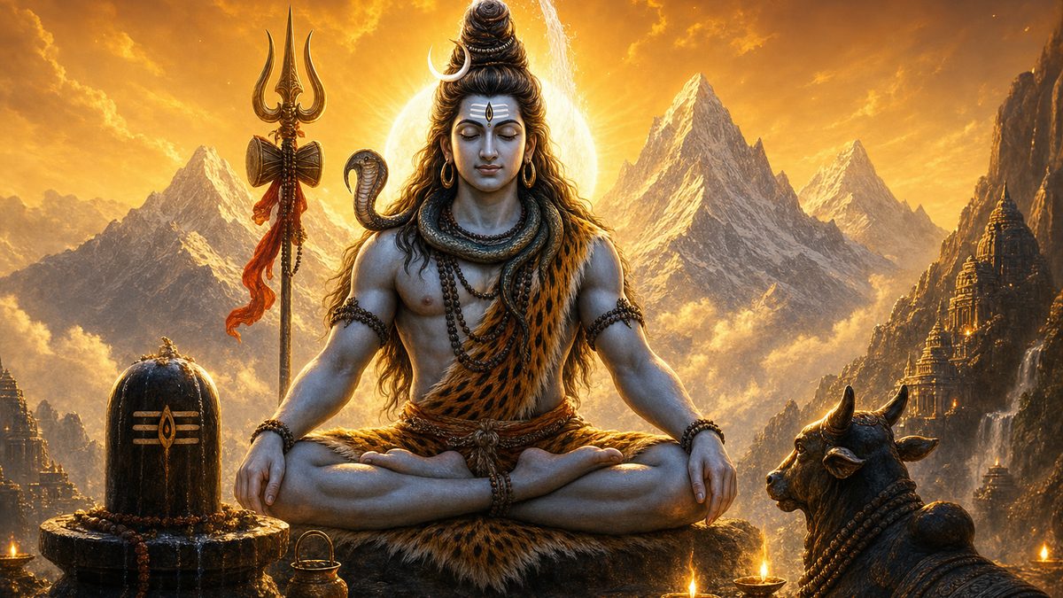 Shivaparadha Kshamapana Stotram banner — devotional illustration of Lord Shiva in deep meditation on a mountain, crescent moon and Ganga in his hair, trident and serpent.