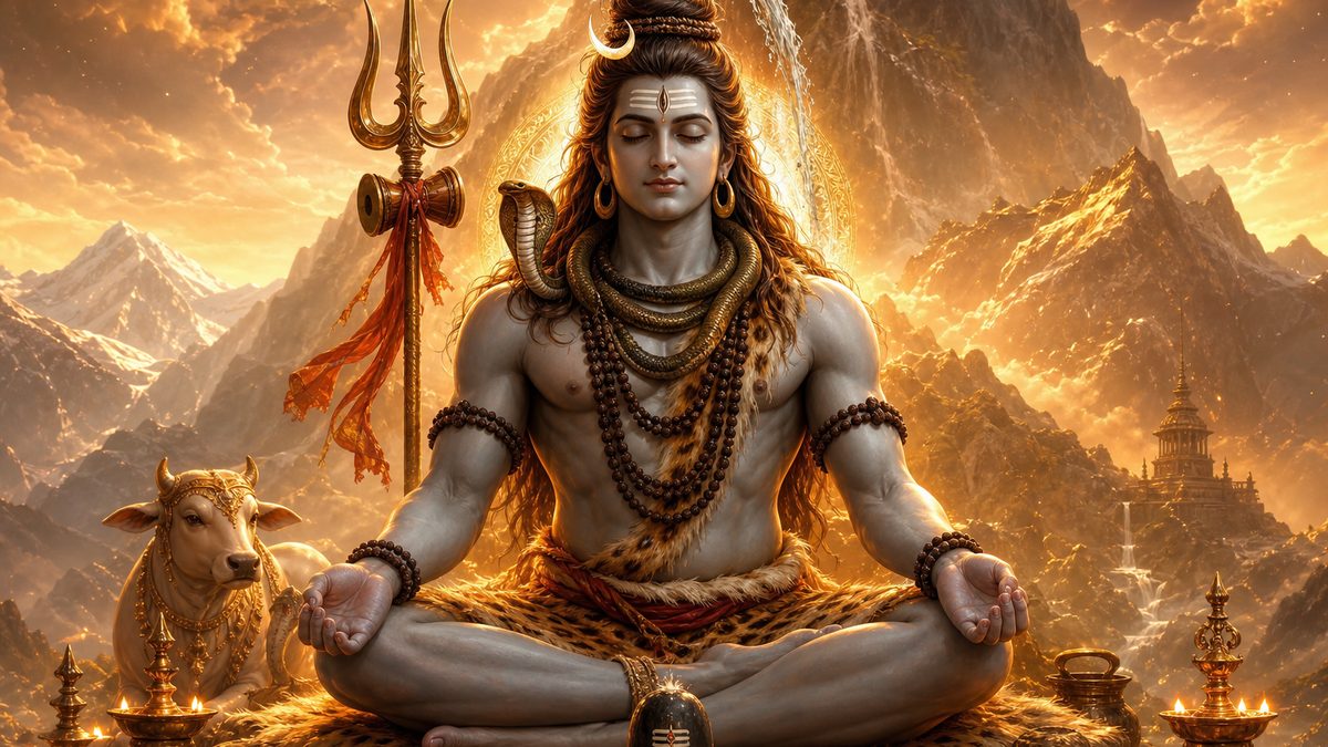Shri Rudram (Chamakam) banner — devotional illustration of Lord Shiva in deep meditation on a mountain, crescent moon and Ganga in his hair, trident and serpent.